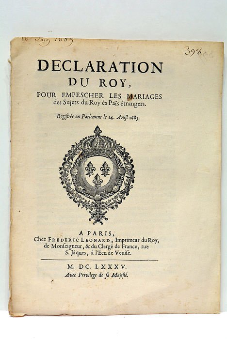 DECLARATION DU ROY POUR EMPESCHER LES MARIAGES DES SUJETS DU …