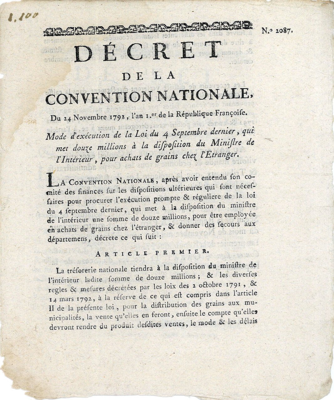 DÉCRET de la Convention Nationale, du 24 novembre 1792, l'an …