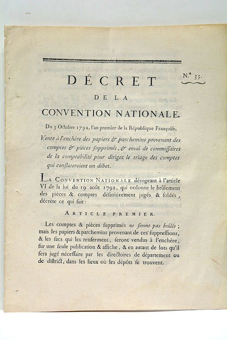 DÉCRET DE LA CONVENTION NATIONALE. Du 3 octobre 1792, l'an …