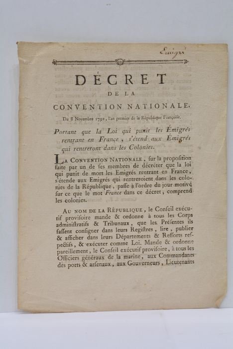 DÉCRET DE LA CONVENTION NATIONALE, DU 8 NOVEMBRE 1792, L'AN …