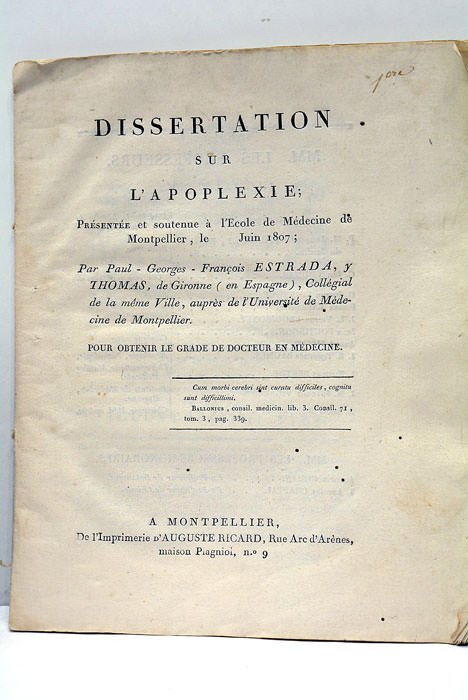 Dissertation sur l'apoplexie.