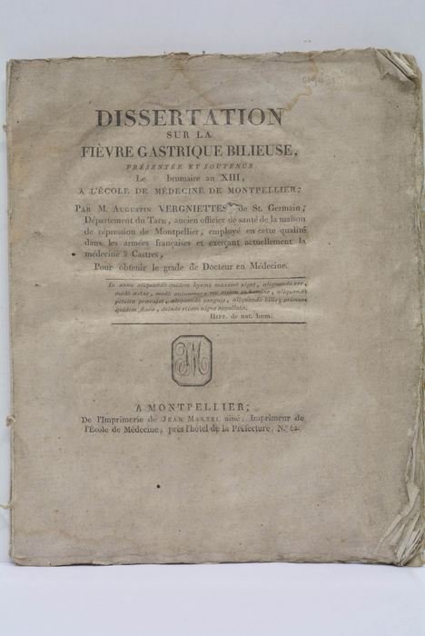 Dissertation sur la fièvre gastrique bilieuse.