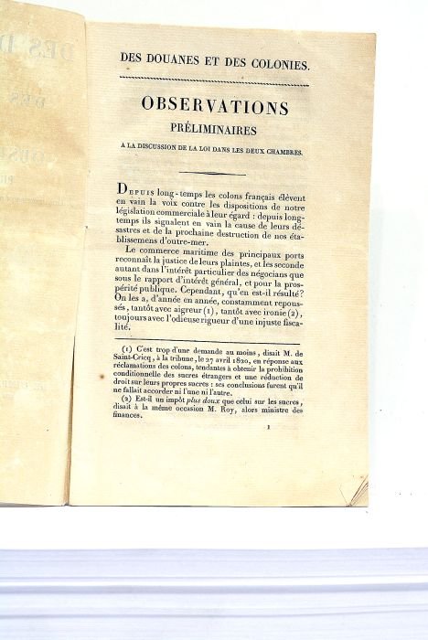 DOUANES et des Colonies (Des). Observations préliminaires à la discussion …