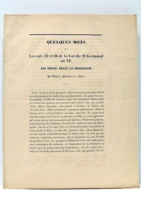 DUPONT (Pharmacien à Paris). Quelques mots sur les Art. 32 …