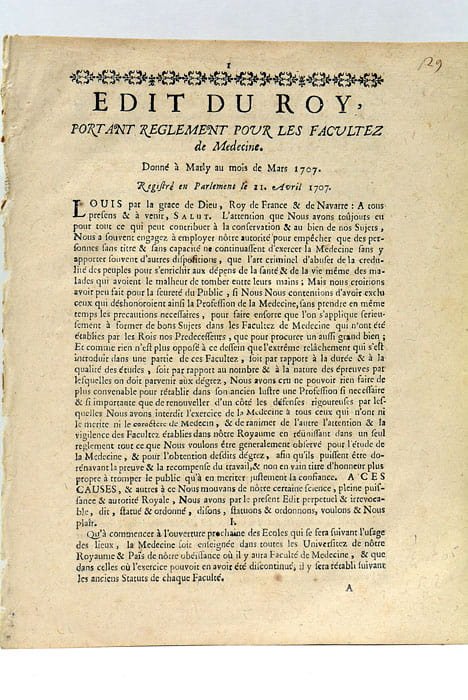 EDIT du Roi portant Réglement pour les Facultez de Medecine…
