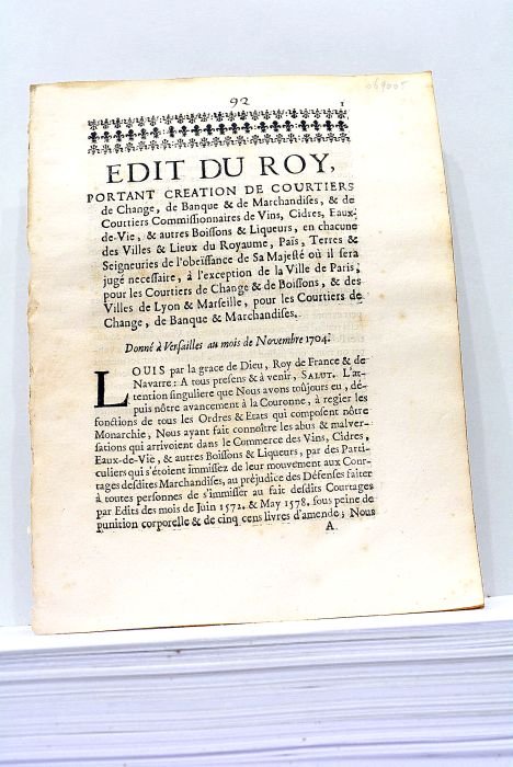EDIT du Roy, portant creation de Courtiers de Change, de …