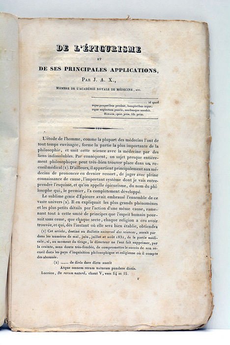 ÉPICURISME (De l') et de ses principales applications par J.A.X., …