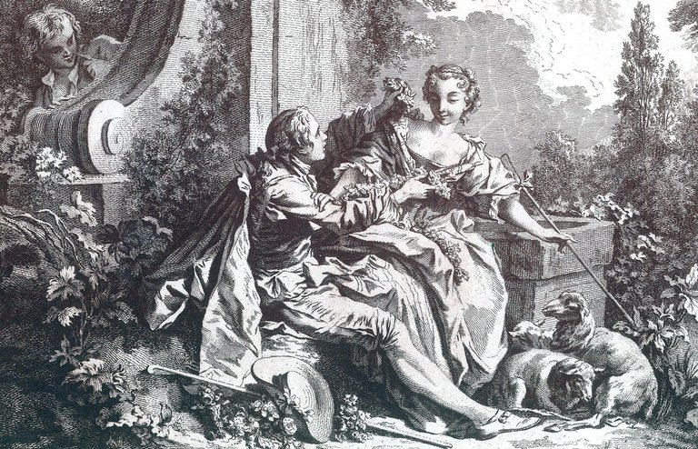 Estampe d'après la peinture "Le pasteur galant" de François Boucher …