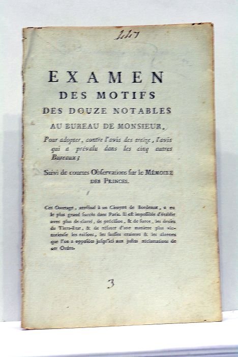 EXAMEN des motifs des douze notables au bureau de Monsieur, …