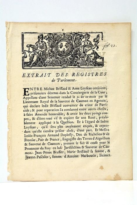 EXTRAIT des Registres de Parlement. Entre Michel Brissaud et Anne …