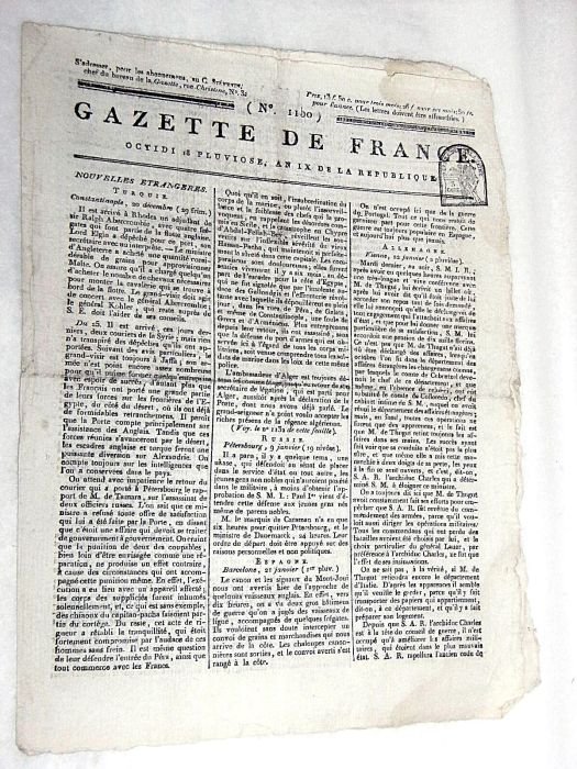 GAZETTE de France. Octidi 18 pluviose, an IX de la …