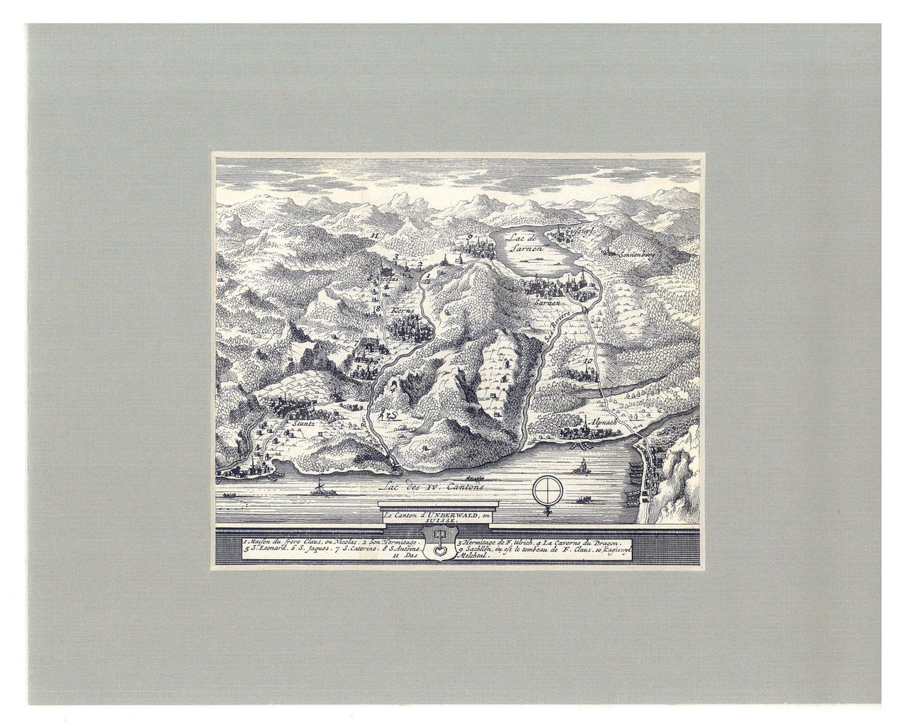 GRAVURE D'UNE VUE du XVIIe du Canton d'Underwald en Suisse.