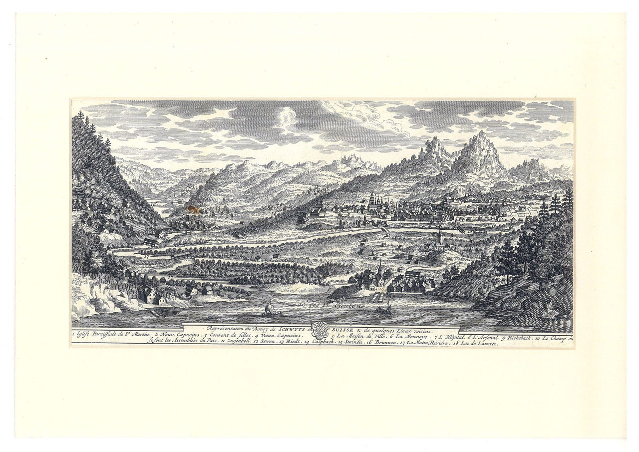 GRAVURE REPRESENTATION du XVIIe du bourg de Schwyts en Suisse …