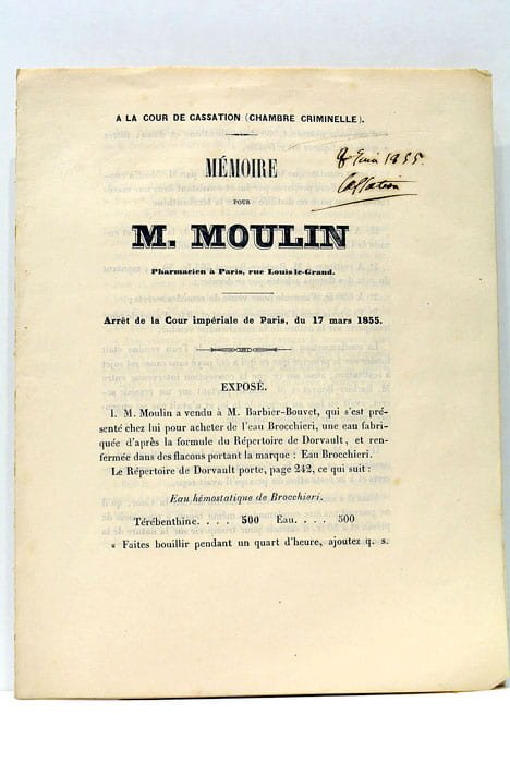 GROUALLE (V.). Mémoire pour M. Moulin, Pharmacien à Paris, Rue …