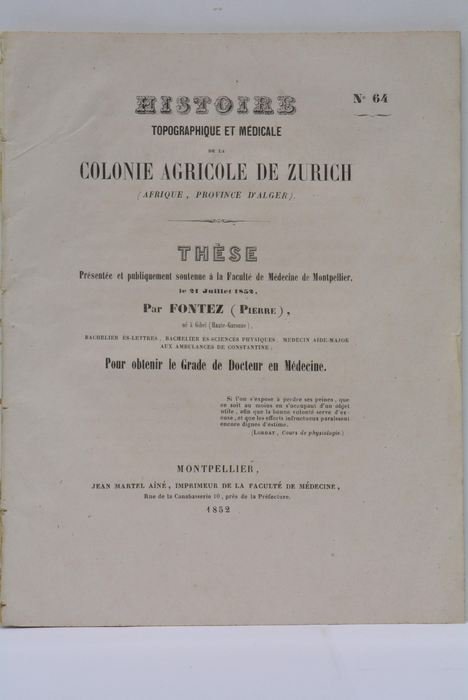 Histoire typographique et médicale de la Colonie agricole de Zurich …