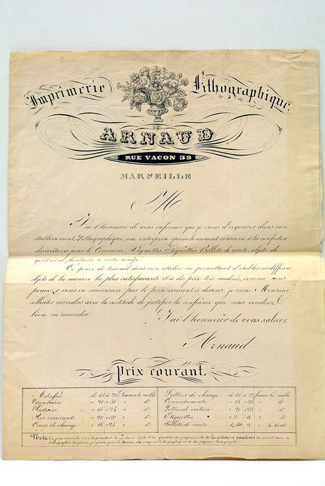 Imprimerie Lithographique Arnaud. Rue Vacon 39. Marseille.