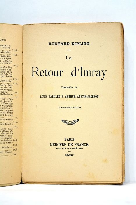Le retour d'Imray. Traduction de Louis Fabulet et Arthur Austin-Jackson. …