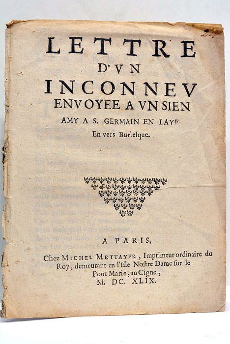LETTRE D'UN INCONNEU envoyée a un sien amy a S. …