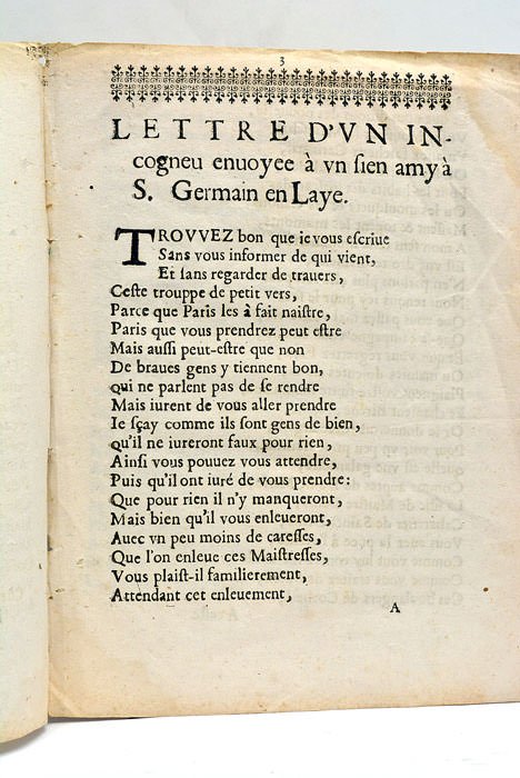 LETTRE D'UN INCONNEU envoyée a un sien amy a S. …