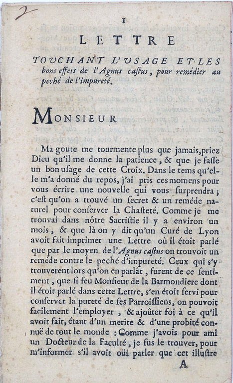 LETTRE touchant l'usage et les bons effets de l'Agnus Castus, …