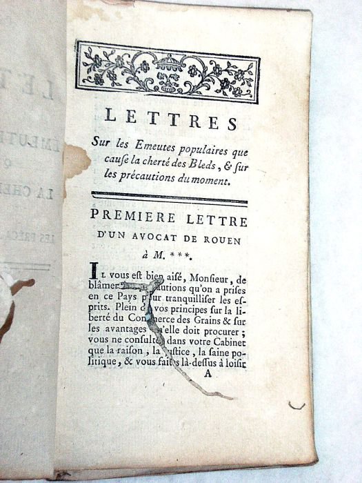 Lettres sur les émeutes populaires que cause la cherté des …