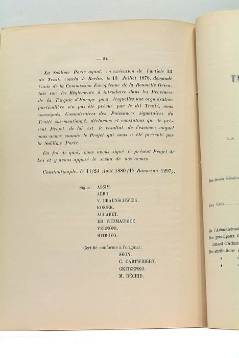 LOI DES VILAYETS de la Turquie d'Europe (Roumélie).