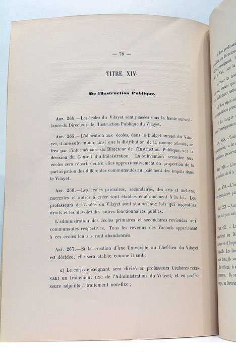 LOI DES VILAYETS de la Turquie d'Europe (Roumélie).