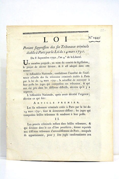 Loi portant suppression des six tribunaux criminels établis à Paris …