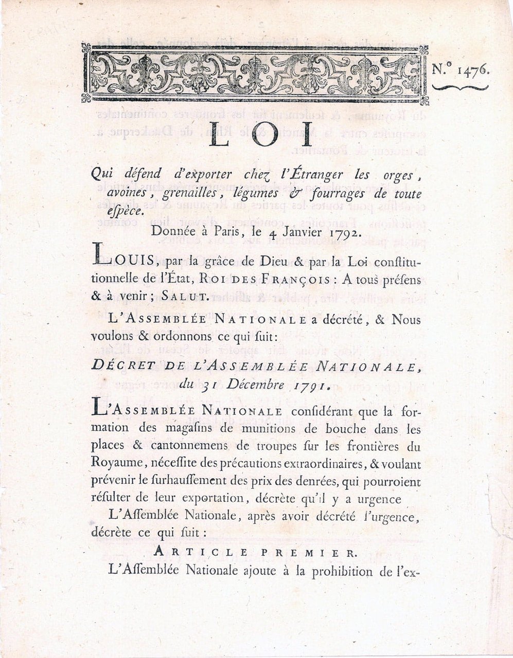 LOI qui défend d'exporter chez l'Étranger les Orges, Avoines, Grenailles, …