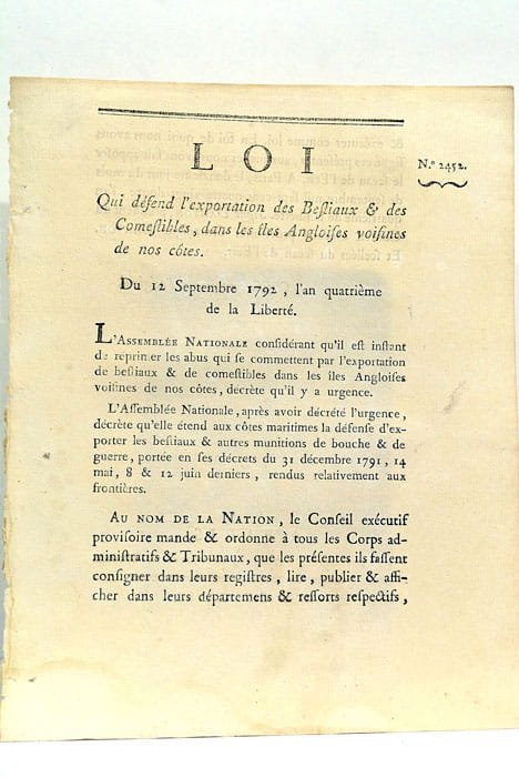 Loi qui défend l'exportation des Bestiaux et des Comestibles, dans …