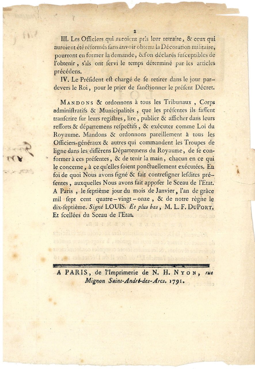 LOI RELATIVE à la Décoration Militaire.