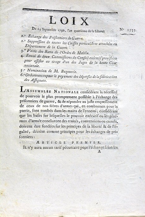 LOIX du 19 septembre 1792, l'an quatrième de la Liberté. …