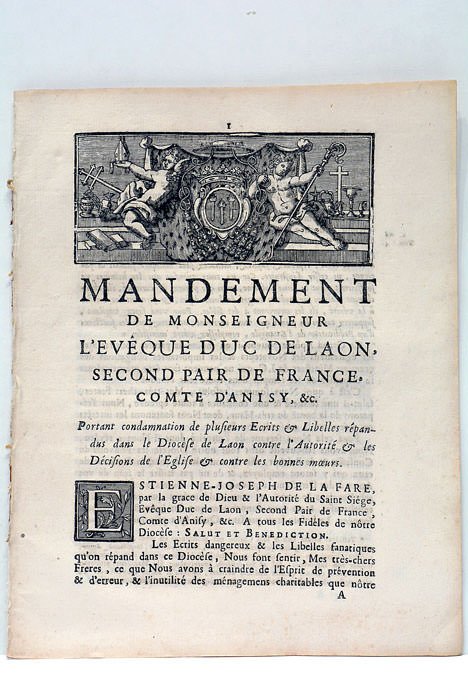 Mandement de Monseigneur l'Evêque du Duc de Laon, second Pair …