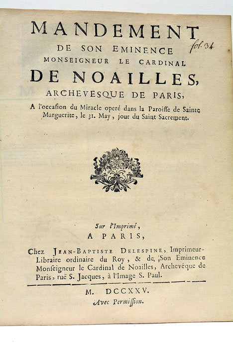 MANDEMENT de son Eminence Monseigneur le Cardinal de Noailles, Archevesque …