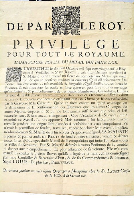 MANUFACTURE ROYALE du Metail (sic) qui imite l'Or. Privilège pour …