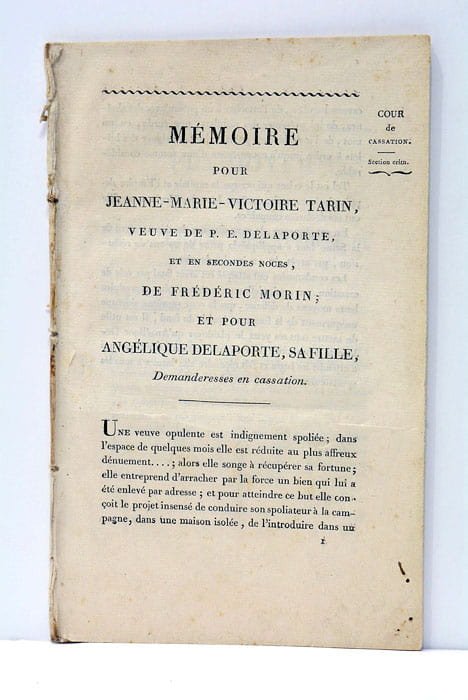 MEMOIRE pour Jeanne-Marie-Victoire Tarin, veuve de P. E. Delaporte, et …