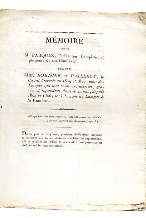 MEMOIRE pour M. Parquez, Ferblantier-Lampiste, et plusieurs de ses Confrères; …