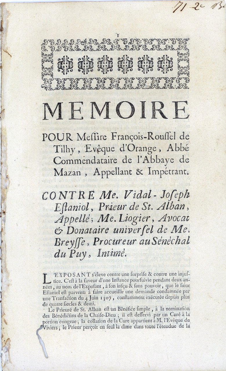 MEMOIRE pour Messire François Roussel de Tilhy, Evêque d'Orange, Abbé …