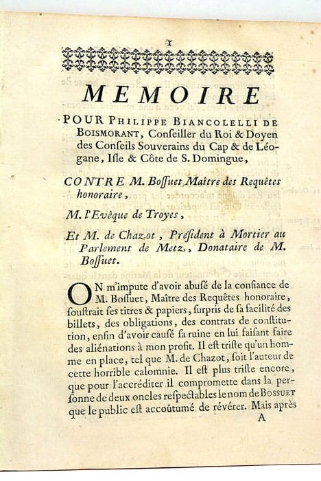 MEMOIRE pour Philippe Biancolelli de Boismorant, Conseiller du Roi et …