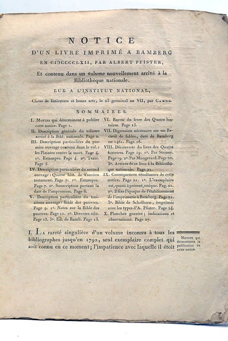 Notice d’un Livre imprimé à Bamberg en 1462, lue à …