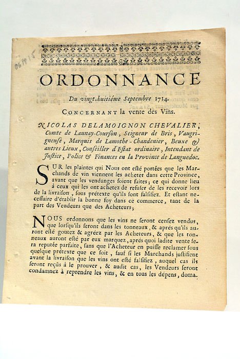 Ordonnance du Vingt-huitième Septembre 1714 concernant la vente des vins.