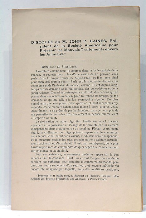 Origines des Sociétés Protectrices des Animaux en Amérique. S.l.n.d. (c.1900). …