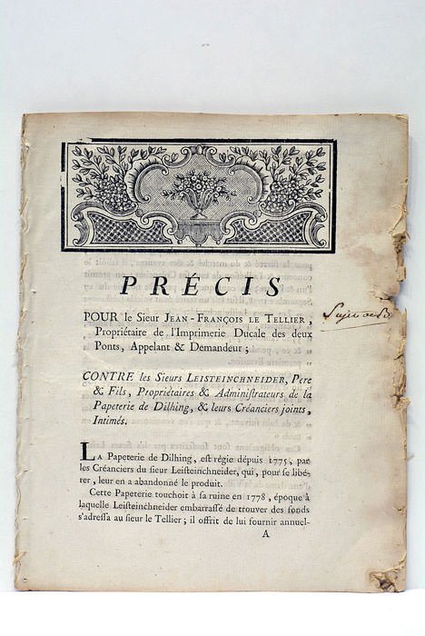PRECIS POUR LE SIEUR JEAN-FRANÇOIS LE TELLIER, PROPRIÉTAIRE DE L'IMPRIMERIE …