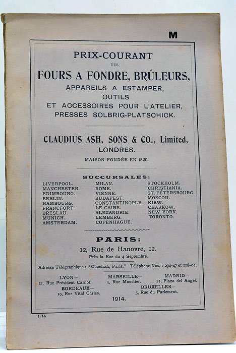 Prix courant des fours à fondre, brûleurs, appareils à estamper, …