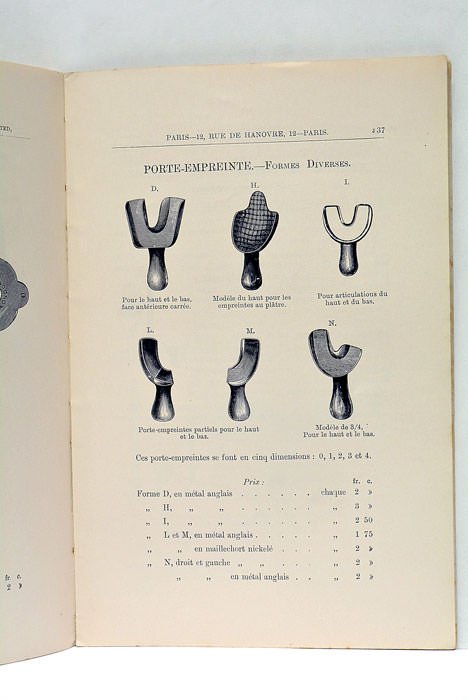 Prix-Courant des Porte-Empreintes et des Matières pour Empreintes.