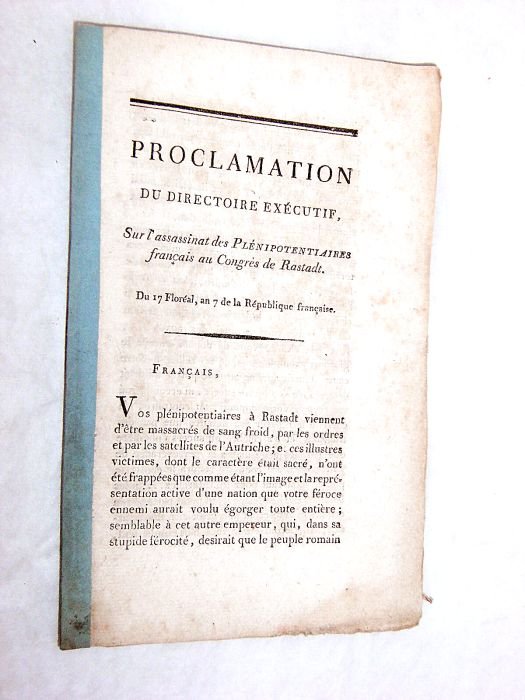 PROCLAMATION du Directoire exécutif sur l'assassinat des Plénipotentiaires français au …