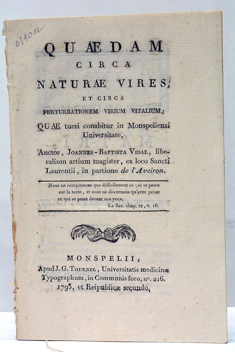 Quaedam Circa Naturae Vires et Circa Perturbationem Virium Vitalium.