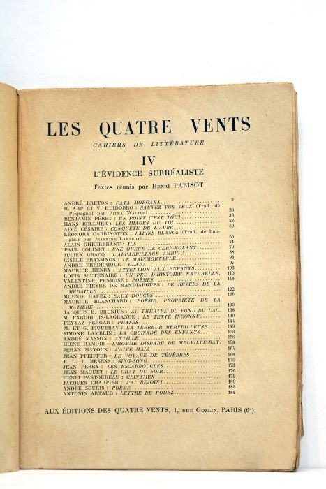 QUATRE (Les) vents. Cahiers de littérature IV. L'évidence surréaliste. Textes …