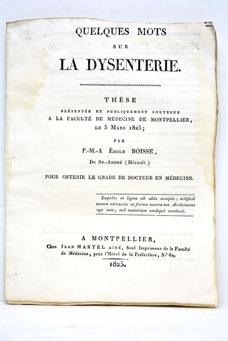 Quelques mots sur la dysenterie. Thèse présentée et publiquement soutenue …