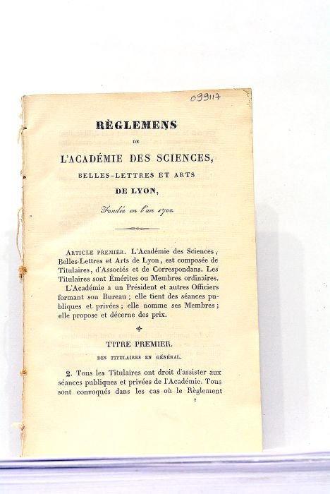 REGLEMENS de l'Académie des Sciences, Belles-Lettres et Arts de Lyon, …